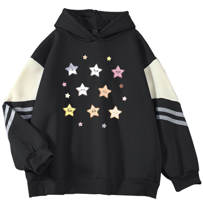 Felpa con cappuccio e cappuccio stile americano, stile cartoon, stile casual, con stampa a blocchi di colore, stile hippie_voghion.com