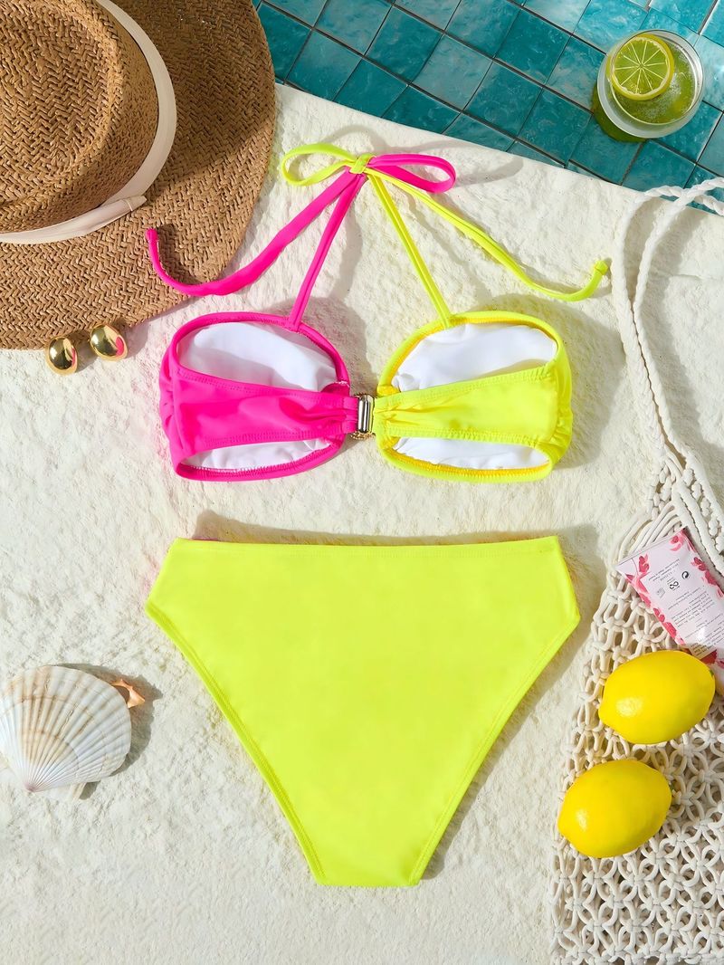 Dameskleding Tube Top met diamant split bikini effen kleur splicing veter badpak_voghion.com