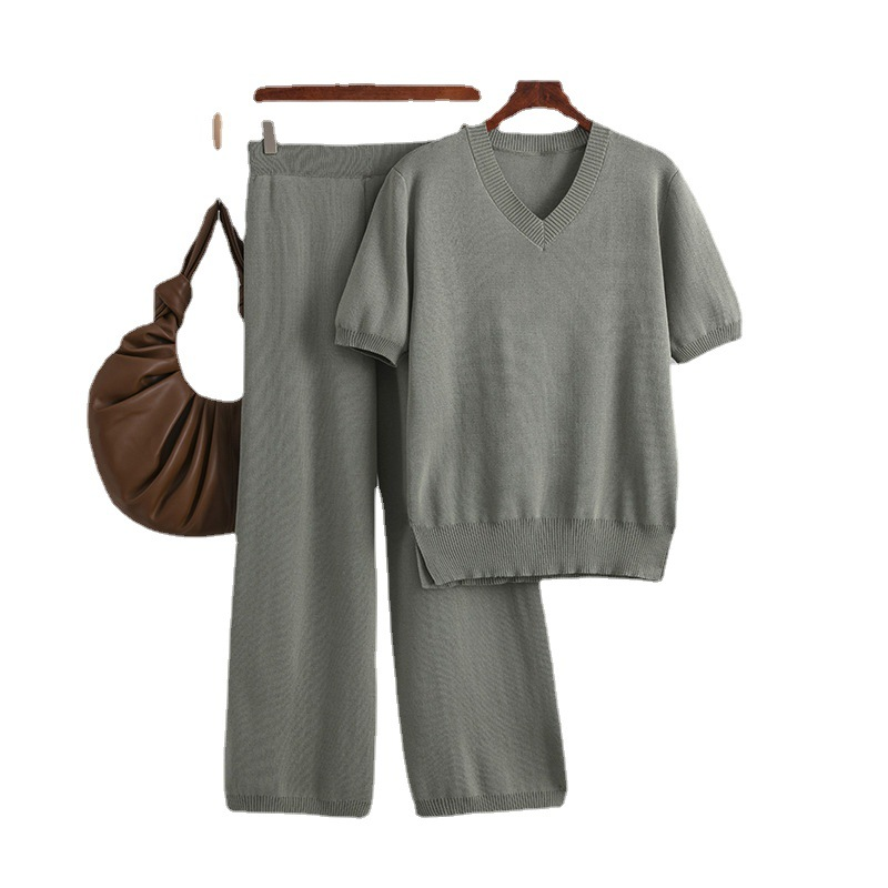 Audday Fashion For Women V-neck Loose Split Knit Top Two-piece Set High Waist Draped Straight-leg Casual Pants_voghion.com