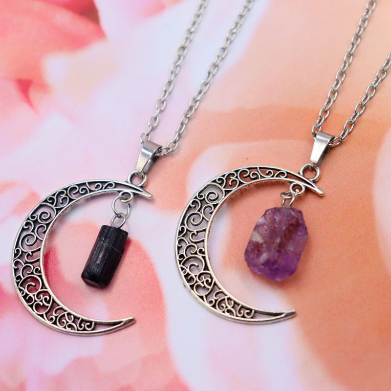 Retro Black Tourmaline & Amethyst Crystal Necklace - Starry Sky Moon Pendant With Natural Stone Sweater Chain_voghion.com