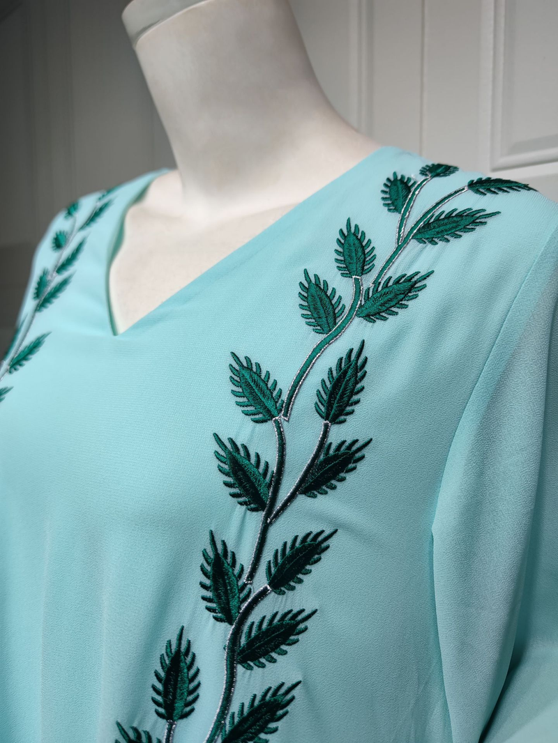 Damenmode Street Chiffon langes muslimisches besticktes rosafarbenes Rundhalskleid mit Hijab_voghion.com