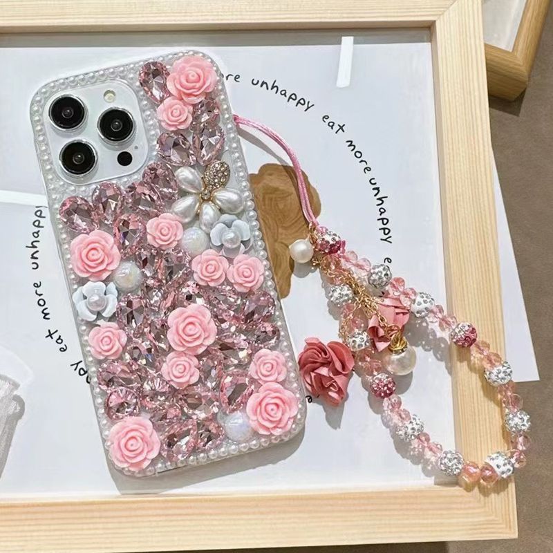 Luxus Glitter Rose Pearl Armband Hülle für iPhone 16 E 15 ProMax 14 Plus 13 MINI 12 11 X XR XS Max 7 8 Halbumwickelte Hülle_voghion.com