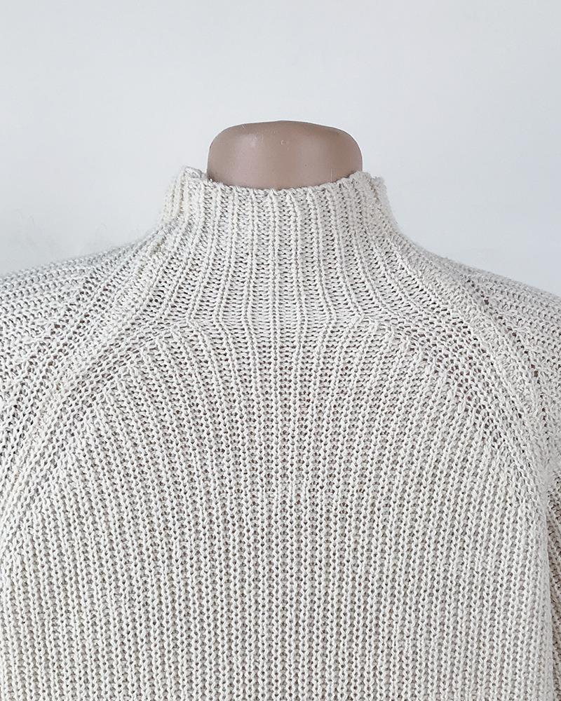 Knitted Sweater Mid-Length Raglan Sleeve Half Turtleneck Sweater Dress_voghion.com