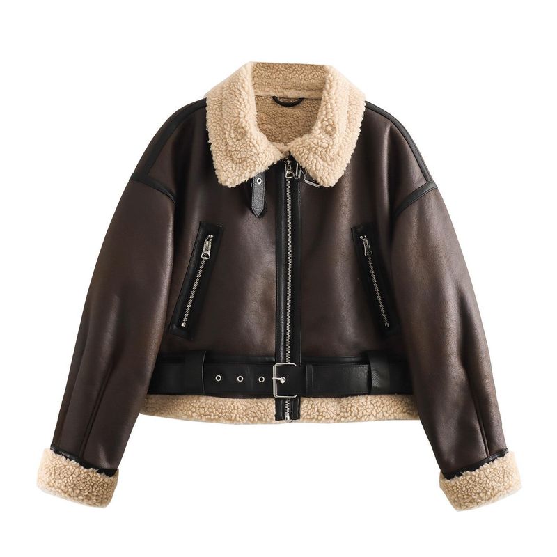 Women's Vintage Biker Jacket Faux Fur Lined Short Coat Winter Warm Zip-Up Outerwear Street Style_voghion.com