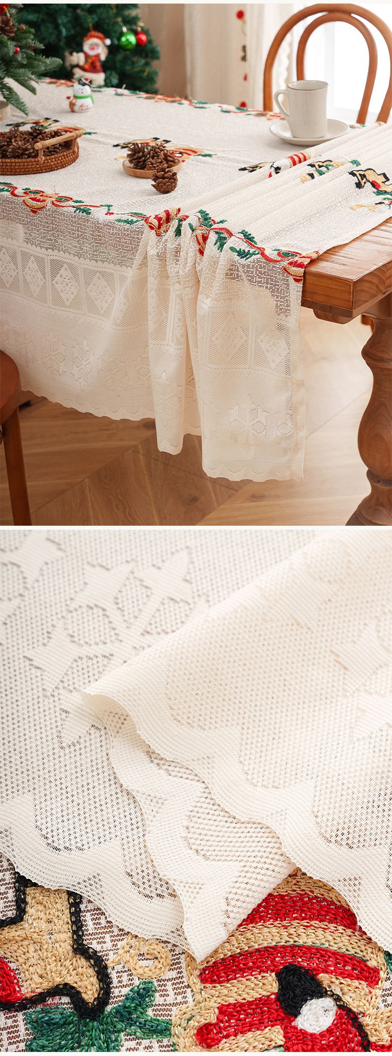 Nappe de Noël – Housse de table à manger en polyester brodée Père Noël et renne, décoration de Noël rouge classique pour tables basses et à manger_voghion.com