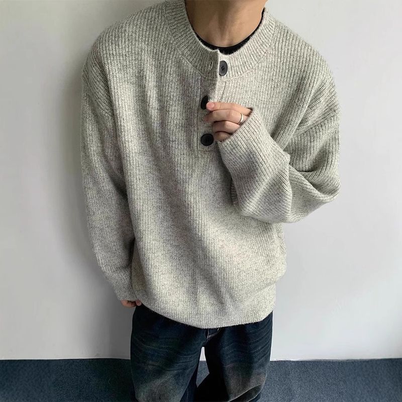 Pullover mit Henley-Kragen im amerikanischen Stil für Herren, Lazy Style für Frühling und Herbst, hochwertiger Strickpullover, Cleanfit-Jacke_voghion.com