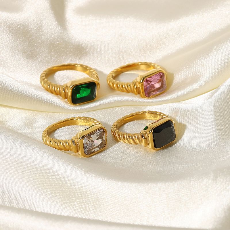 Anello rettangolare in zircone rosa smeraldo in acciaio inossidabile, gioielli con anello a spirale attorcigliato croissant da donna_voghion.com