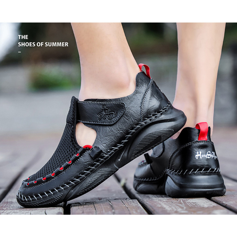 Men's Closed-Toe Sandals Casual Leather Outdoor Hiking Sandals Summer Beach Slippers Lightweight Sports Shoes_voghion.com