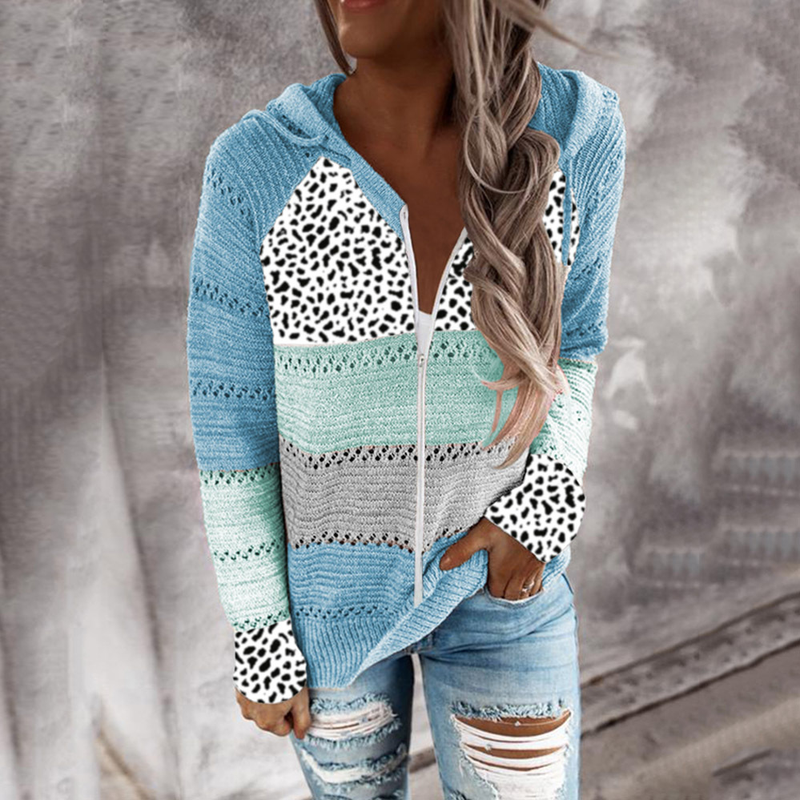 Roupas femininas New Wish Outono e Inverno Listrado Com Capuz Suéter Estampa Leopardo_voghion.com