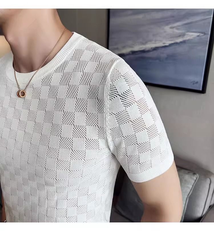 Maglione estivo a maniche corte da uomo, in seta ghiacciata traforata, a quadri, traspirante, slim fit, per attività commerciali._voghion.com