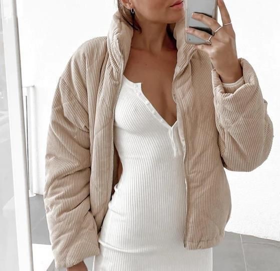 Giacca in velluto a coste con collo alto – Cappotto leggero in poliestere trapuntato con cerniera frontale (S-XXXL, beige)_voghion.com