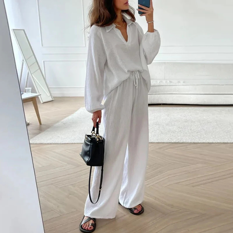 Top a maniche lunghe moda donna + pantaloni con coulisse set set in due pezzi con risvolto primaverile e autunnale_voghion.com