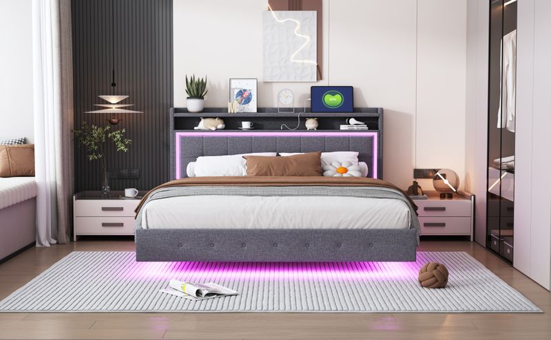 Polsterbett 160x200cm Mit USB, LED, Versteckten Füßen, Leinenstoff Grau_voghion.com