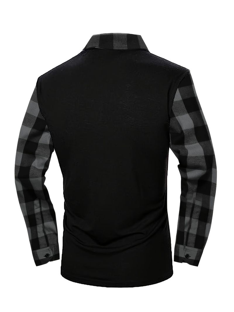 Langärmliges Poloshirt für Herren mit Flanell-Karokragen und halbem Reißverschluss_voghion.com