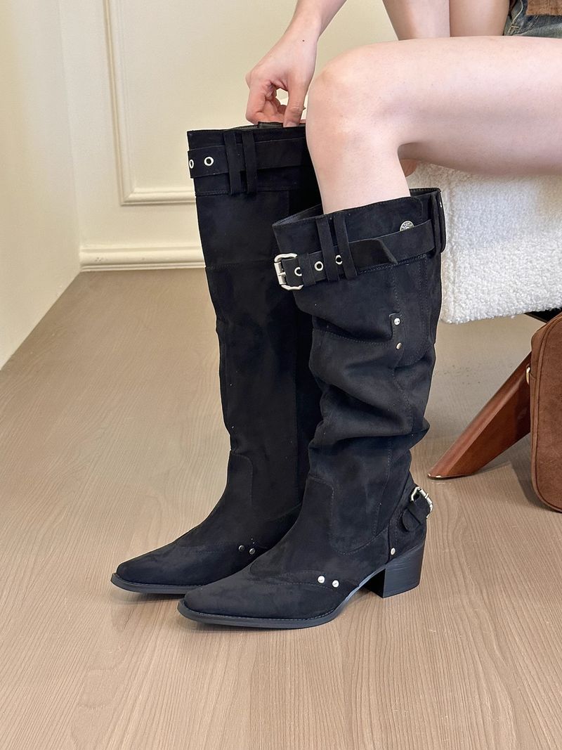 Damen-Ankle-Boots aus Wildleder mit spitzer Zehenpartie, Blockabsatz, schmaler Passform und Faltenrock_voghion.com