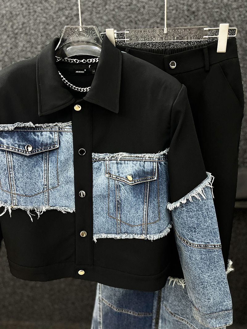 Denim-Paneled Jacket & Pants Set – Men’s Oversized Streetwear Two-Piece (M-XL) – Korean-Inspired Casual Outfit_voghion.com