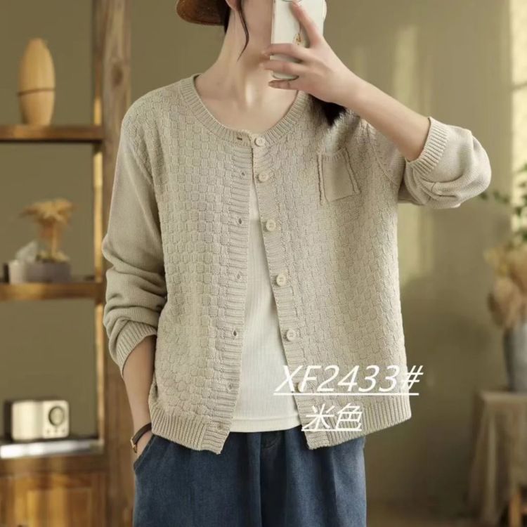 Cardigan rétro en maille de coton pour femme, col rond, manches longues, style automne 2024, vêtement d'extérieur tendance pour les diffusions en direct._voghion.com