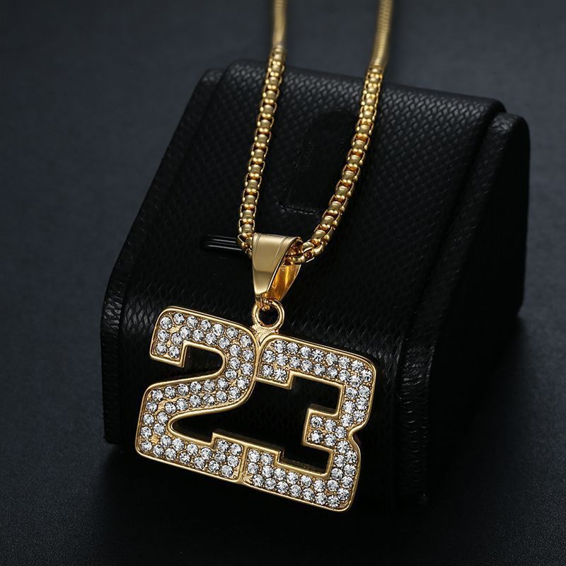 New Hip-Hop Jewelry Titanium Steel Gold-Plated Diamond-Studded Basketball Number 23 Pendant Necklace_voghion.com