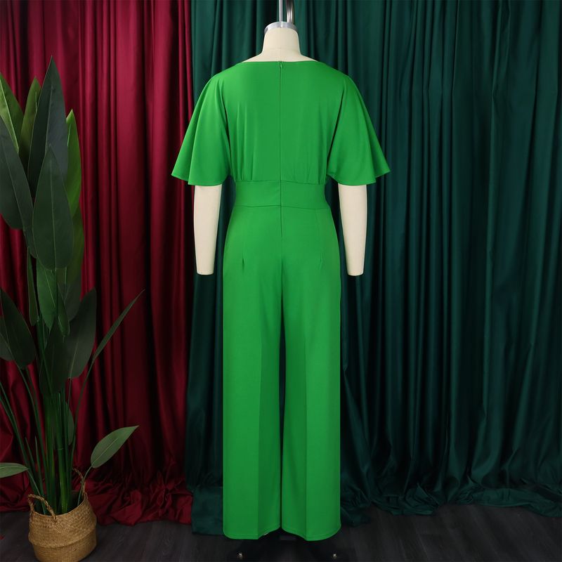 Roupas femininas moda verão feminina gola redonda cor sólida cintura alta tamanho grande perna larga macacão_voghion.com