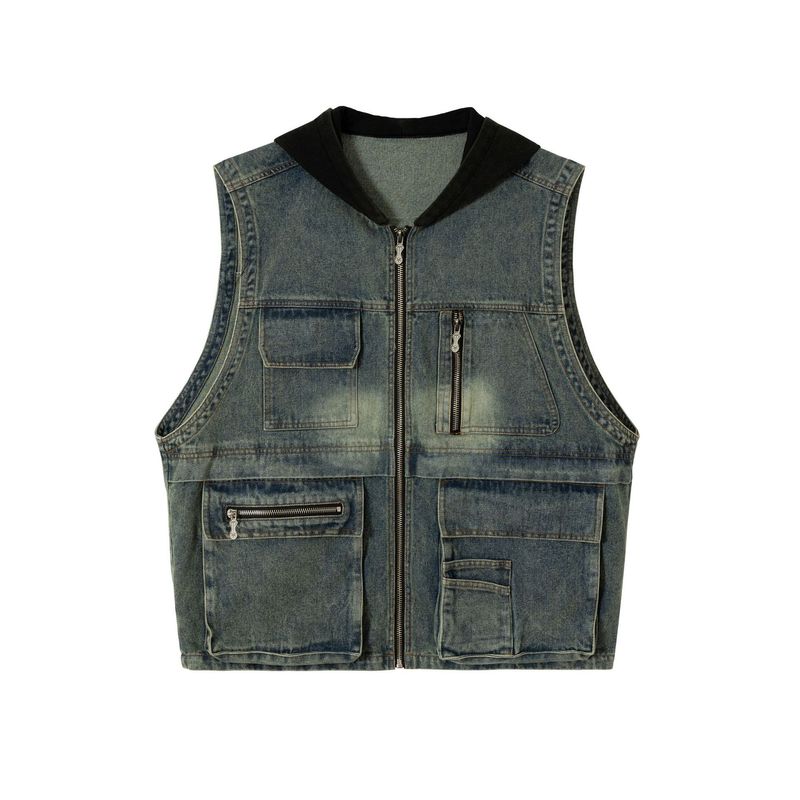 Eon Modish 2025 Autumn New American Street Style Functional Multi-Pocket Hooded Denim Vest Jacket_voghion.com