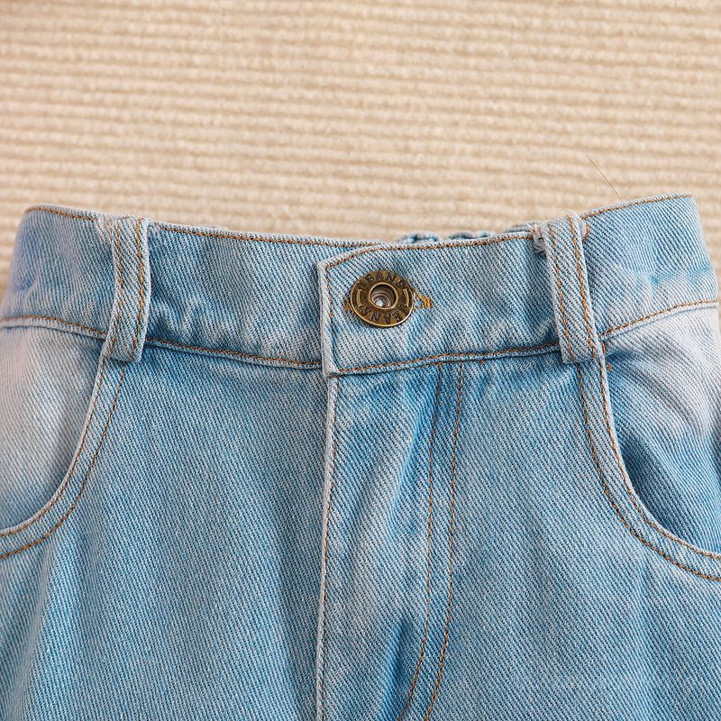Småjenteklær Fasjonable jentedresser Nye sommerklær Jentekjoler med bare skuldre Ripped Jeans Dress med to deler_voghion.com