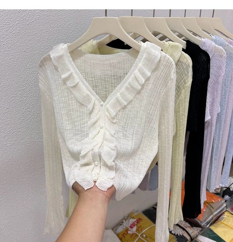Lotus leaf edge ice silk sunscreen cardigan thin design for women's summer high-end feeling, shawl with suspender skirt,_voghion.com