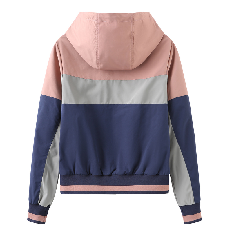 2022 Frühling und Herbst Neue dünne Kapuzen-Trenchcoat für Frauen mit Farbblock-Langarm-Reißverschluss-Kordelzugjacke 517_voghion.com