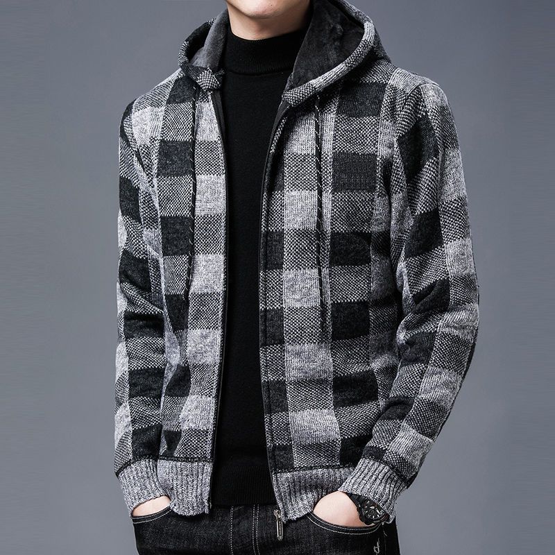 Trui Herfst Winter Mode Casual Geruite Capuchon Fleece Verdikt Heren Losse Pasvorm Plus Size Warme Cardigan_voghion.com