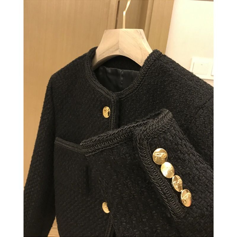 Dameneleganz bis ins Mark, langärmliges Tweed-Oberteil im französischen Stil mit goldenen Knöpfen, Kurzmantel_voghion.com