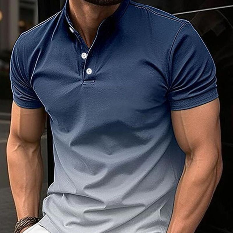 Unbeatable Quality 2024 Spring/Summer New Men's Standing Neck Gradient Casual Short Sleeve Golf Henley Shirt_voghion.com