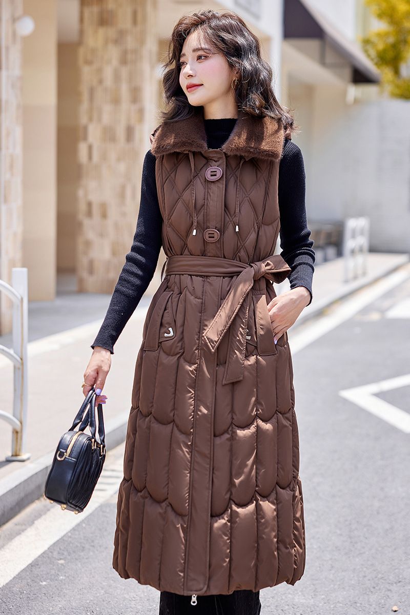 Women's Clothing Women's Belted Quilted Vest - Slimming Long Sleeveless Puffer Gilet With Waist Tie_voghion.com