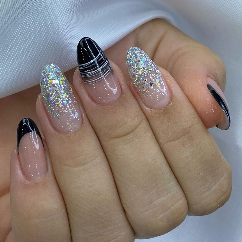 Yanlış Badem 24 Adet Çivi Yapay Elmas Uzun Stiletto takma tırnak Altın Glitter Toz Tasarım Çivi Üzerinde Basın Fu_voghion.com