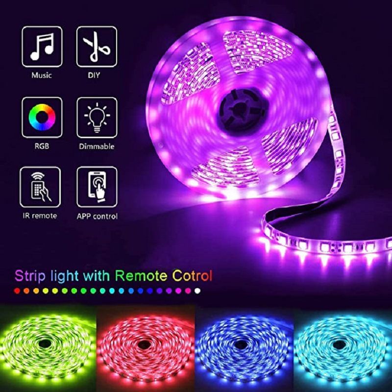 Tira de luces LED RGB de 5 V - SMD 5050, 60 LED/m, aplicación Bluetooth y control remoto, alimentación por USB, resistente al agua IP65, luz flexible_voghion.com
