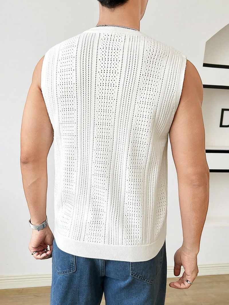 Sommer Herren Neue Einfarbige Strickmode Ärmelloses Top Hohl Atmungsaktiv Rundhals Casual Weste_voghion.com
