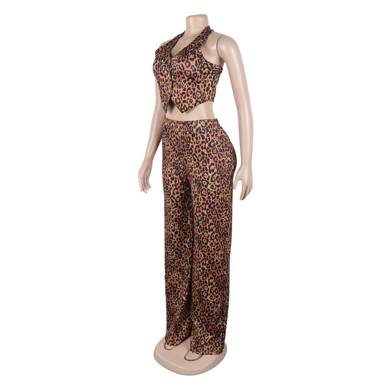 Vêtements pour femmes, haut sexy à boutons et col licou, pantalon à taille élastique, imprimé léopard, ensemble deux pièces_voghion.com