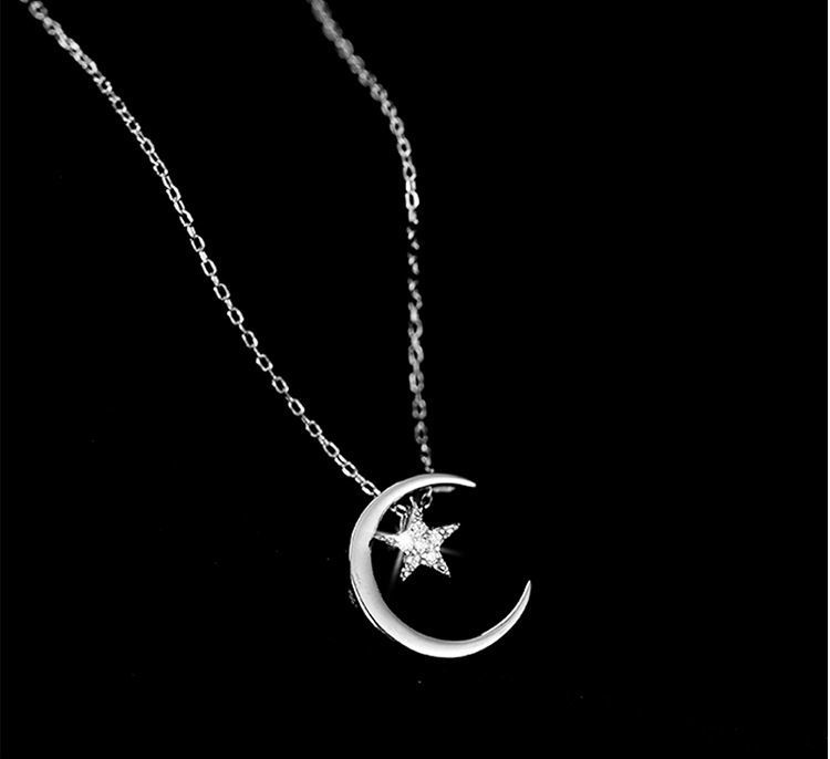 Collana con stella e luna per donna, argento puro, ciondolo dal design di nicchia, stile Ins, semplice e alla moda, clavicola leggera e lussuosa_voghion.com