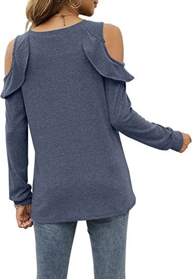 Top oversize da donna in maglia con spalle scoperte e orlo arricciato - Maglione casual in morbido misto cotone per autunno inverno_voghion.com