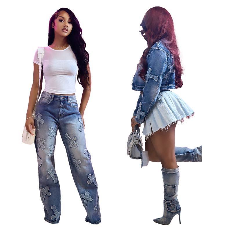 Women's Clothing New Cross Washed And Burned Western Elastic Casual Denim Suit_voghion.com