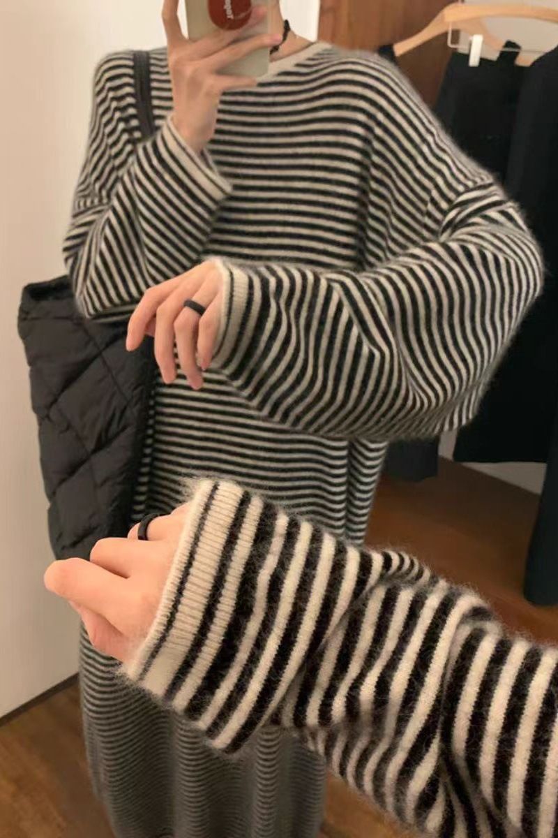 Stil Pullover Gestreift Gestrickt Für Frauen Herbst Winter Mittellangen Inneren Passenden Mantel Basis Wolle Langes Kleid_voghion.com