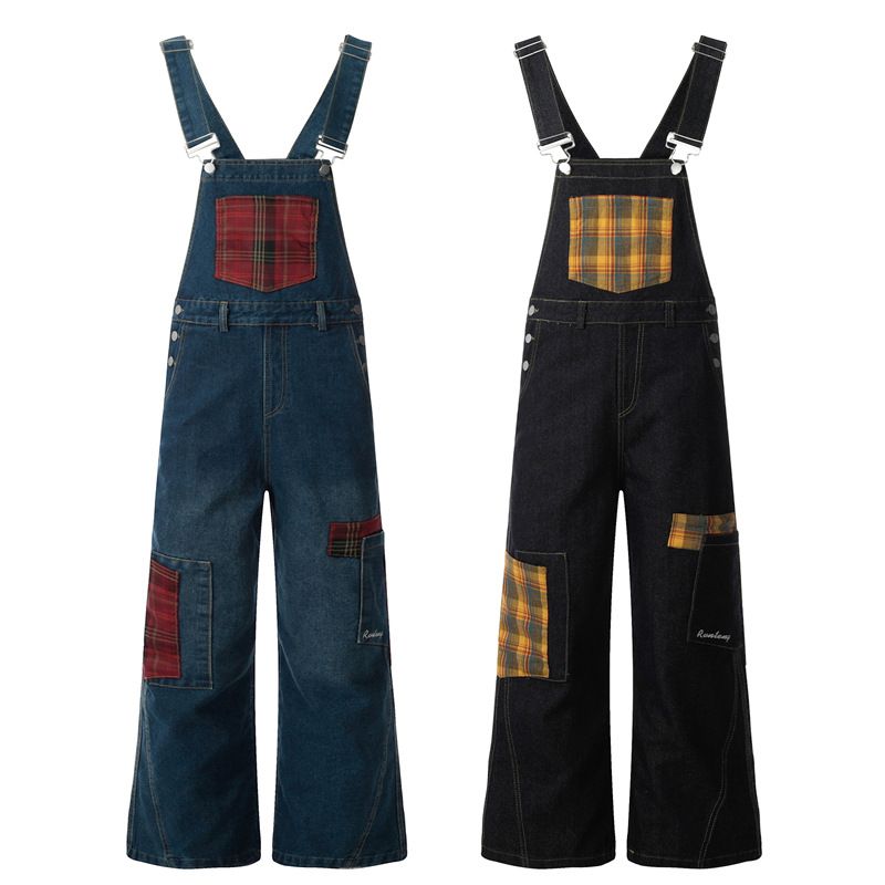 Men's Clothing Retro Niche Design Plaid Stitching Scimitar Jeans Men's And Women's Overalls Wide Leg Mopping Pants_voghion.com