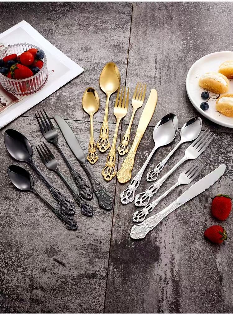 5-Piece Stainless Steel Cutlery Set – Elegant Embossed & Hollow-Out Design, Mirror-Polished Flatware For Wedding, Banquet & Luxury Dining_voghion.com