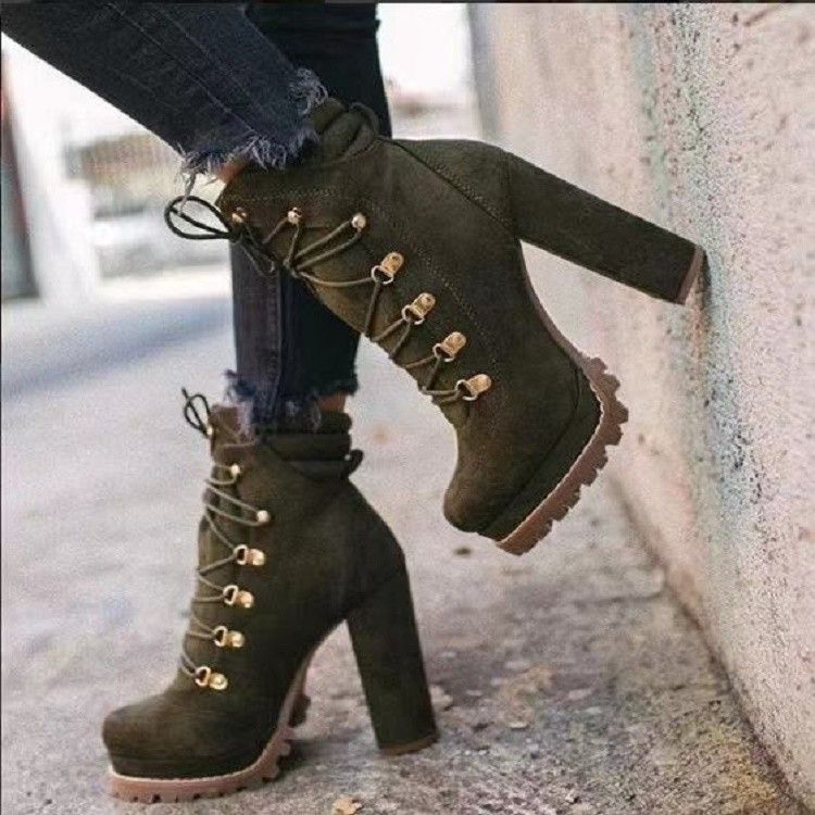 Women's Shoes autumn and winter waterproof platform high heel lace up rivet short boots suede Martin boots_voghion.com