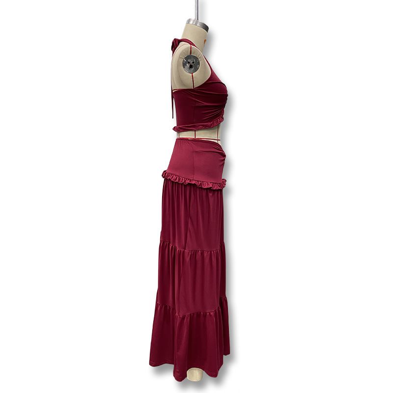Conjunto de duas peças de blusa e saia longa com babados, moda inverno feminina, sexy, decote em V, estilo halter_voghion.com