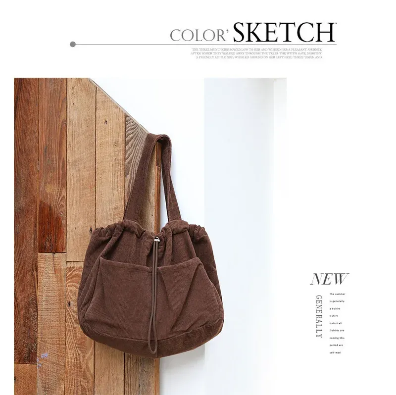 Borse casual semplici Borsa a tracolla in velluto a coste per studenti adolescenti Borsa da donna grande con coulisse Borsa per la spesa da donna_voghion.com