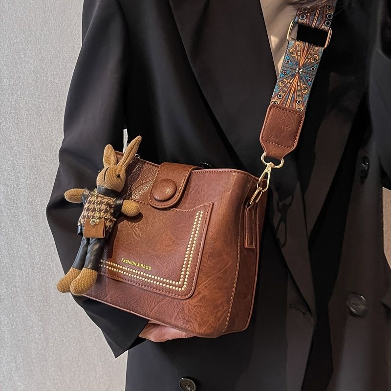 Vintage Minimalist Bucket Solid Color Shoulder Bag, Women's Mini Crossbody Bag & Purse_voghion.com
