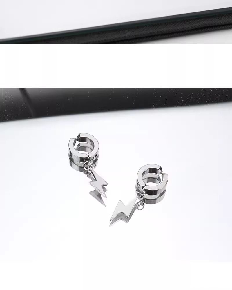Pendientes de clip para hombre sin perforación, estilo relámpago, para mujer, de acero titanio, sin decoloración, diseño de nicho versátil._voghion.com