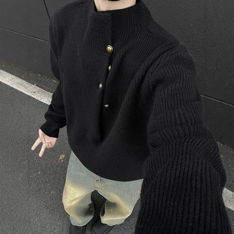Pull col montant irrégulier à boutons pour homme, style automne-hiver, ample et décontracté, design de niche_voghion.com