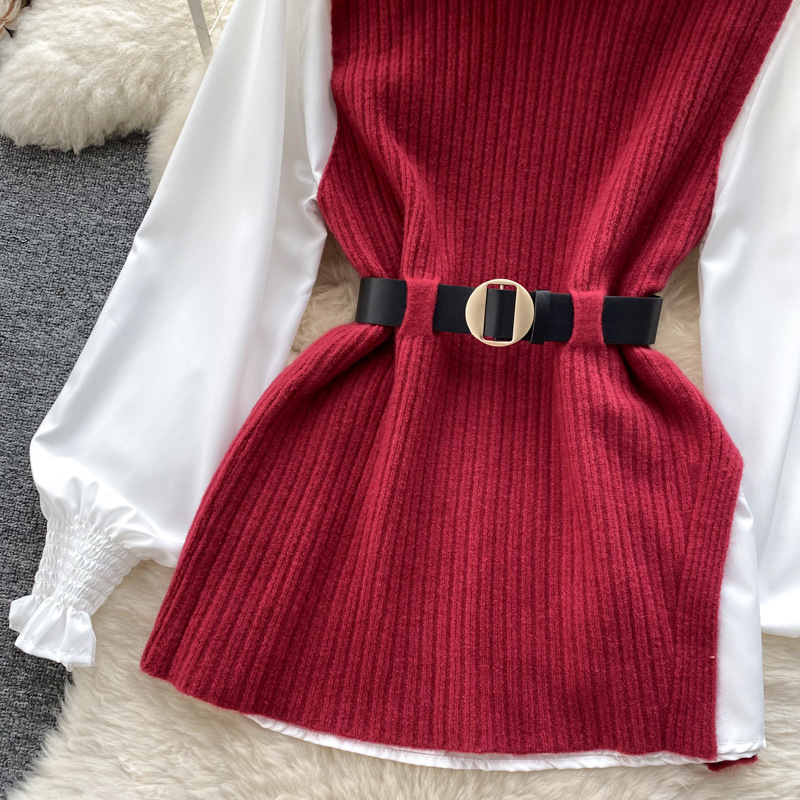Set de două piese pentru femei, cămașă albă cu mâneci lungi și vestă din tricot despicat_voghion.com