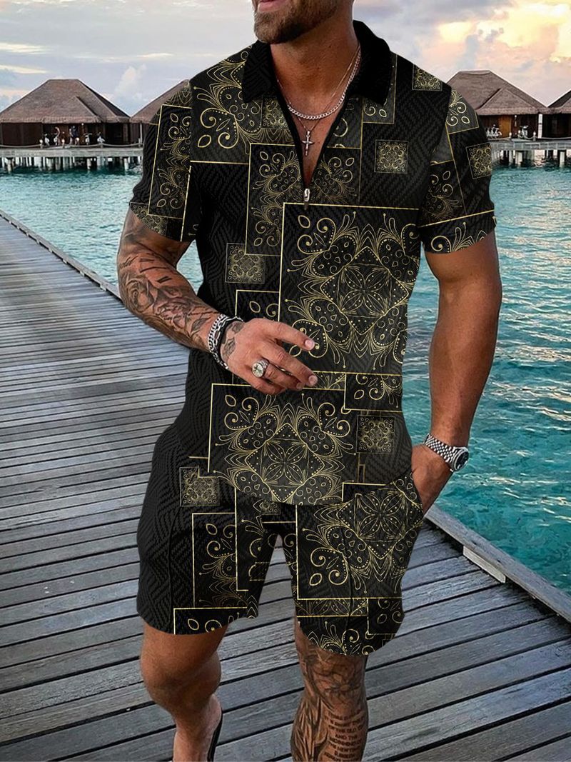 Set da 2 pezzi da uomo, motivo a pois rossi, comoda polo con zip alla moda e pantaloncini con coulisse in vita_voghion.com