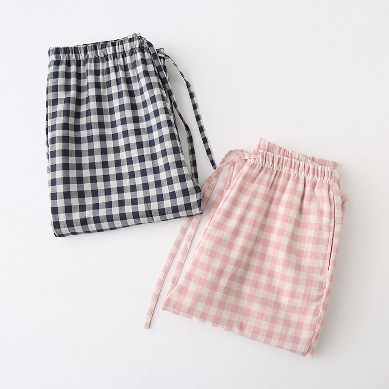 MUJI Style Pure Cotton Double Gauze Plaid Couple's Single Pajama Pants For Men And Women's Home Pants Casual Pants_voghion.com